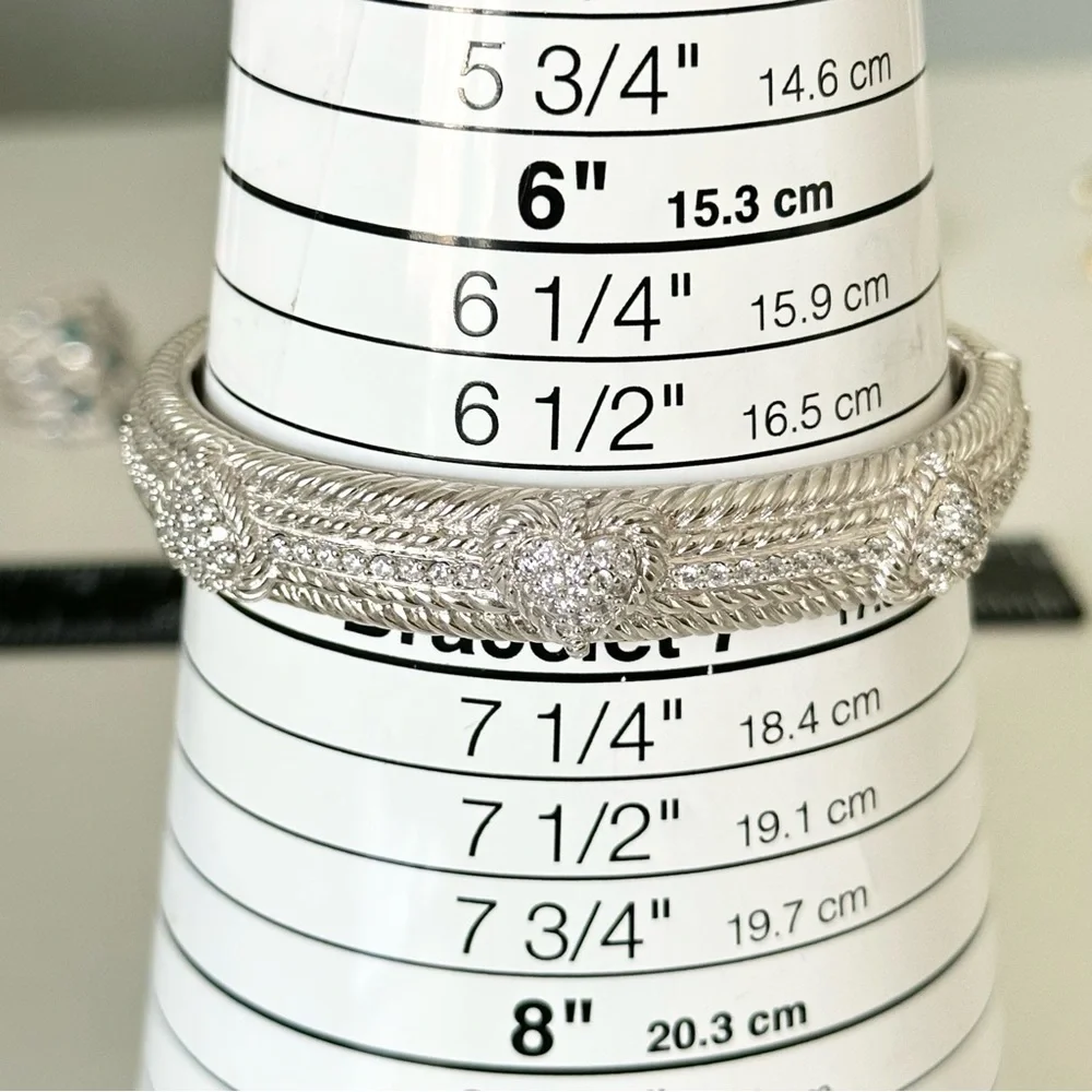 Judith Ripka Clear CZ Triple Heart Diamonique Heavy Silver Cuff Bracelet